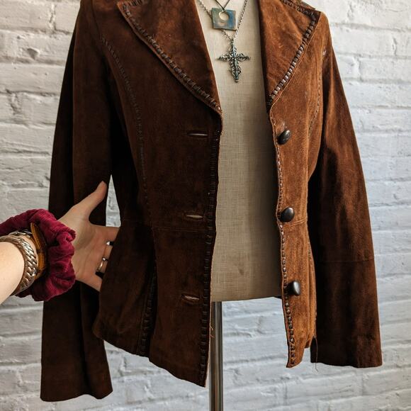 Y2K Brown Suede Leather Jacket Boho Western Minimalist Rust Biker Cowgirl Blazer - Picture 7 of 10